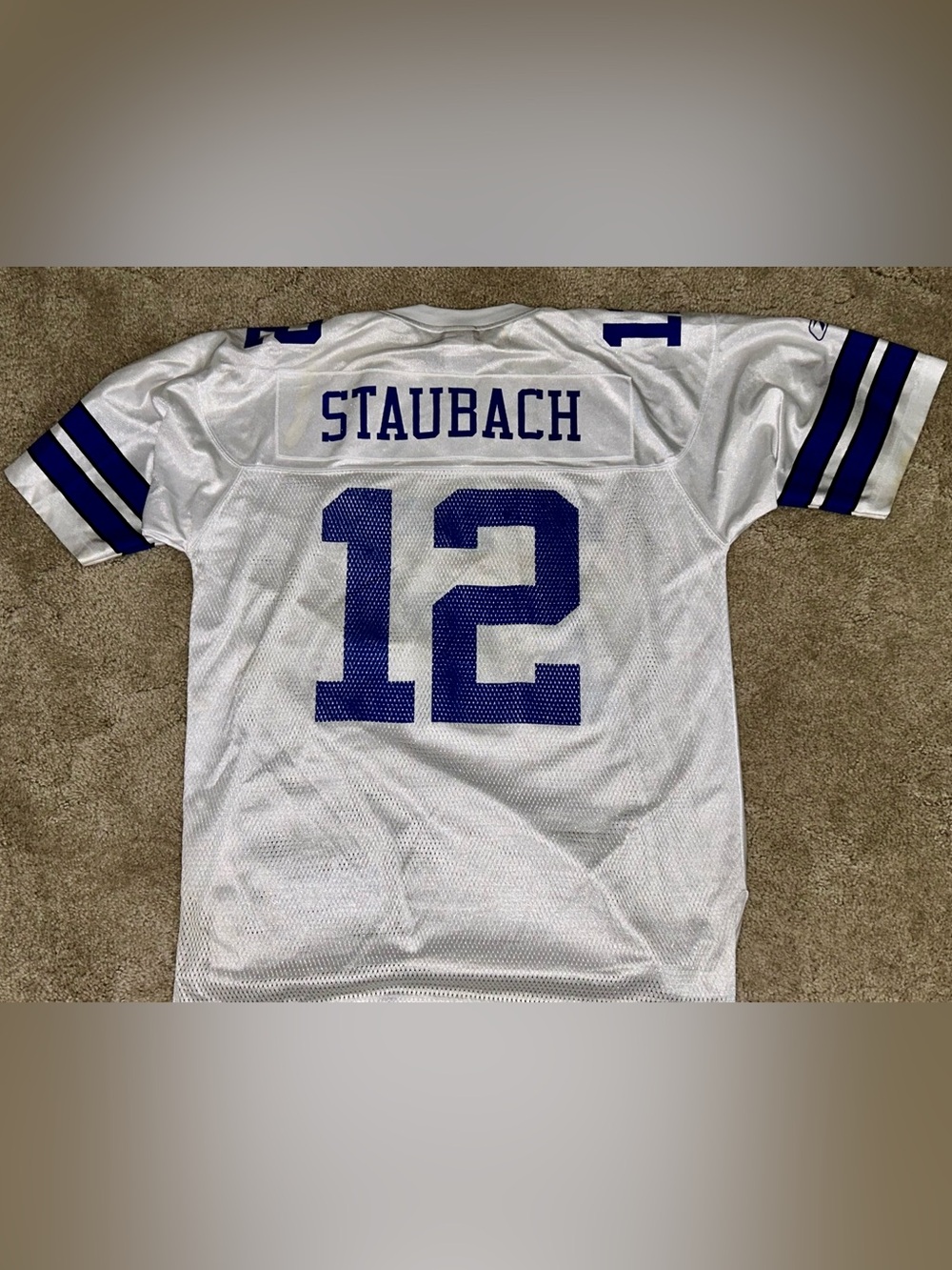 Equipment White & Blue Staubach #12 Mesh Football Jersey